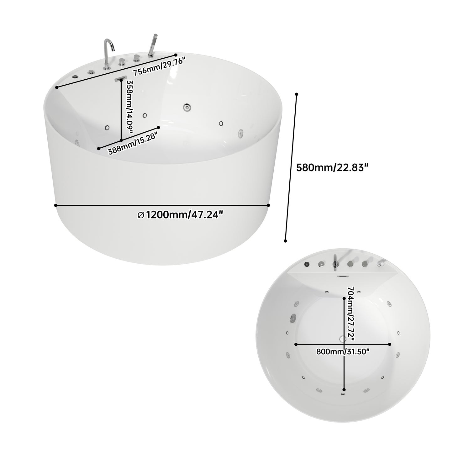 47'' Freestanding Round Acrylic Whirlpool Bathtub, 6 Massage Jets, LED Lighting, And 4-Hole Faucet AB24-47-AM