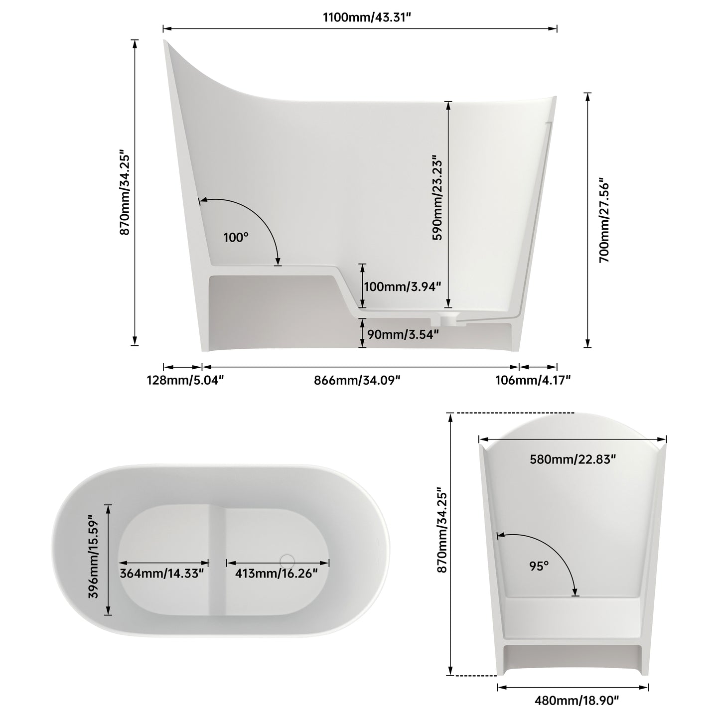 SJ-STARJANE 43''Artificial stone freestanding bathtub with seat (matte white)