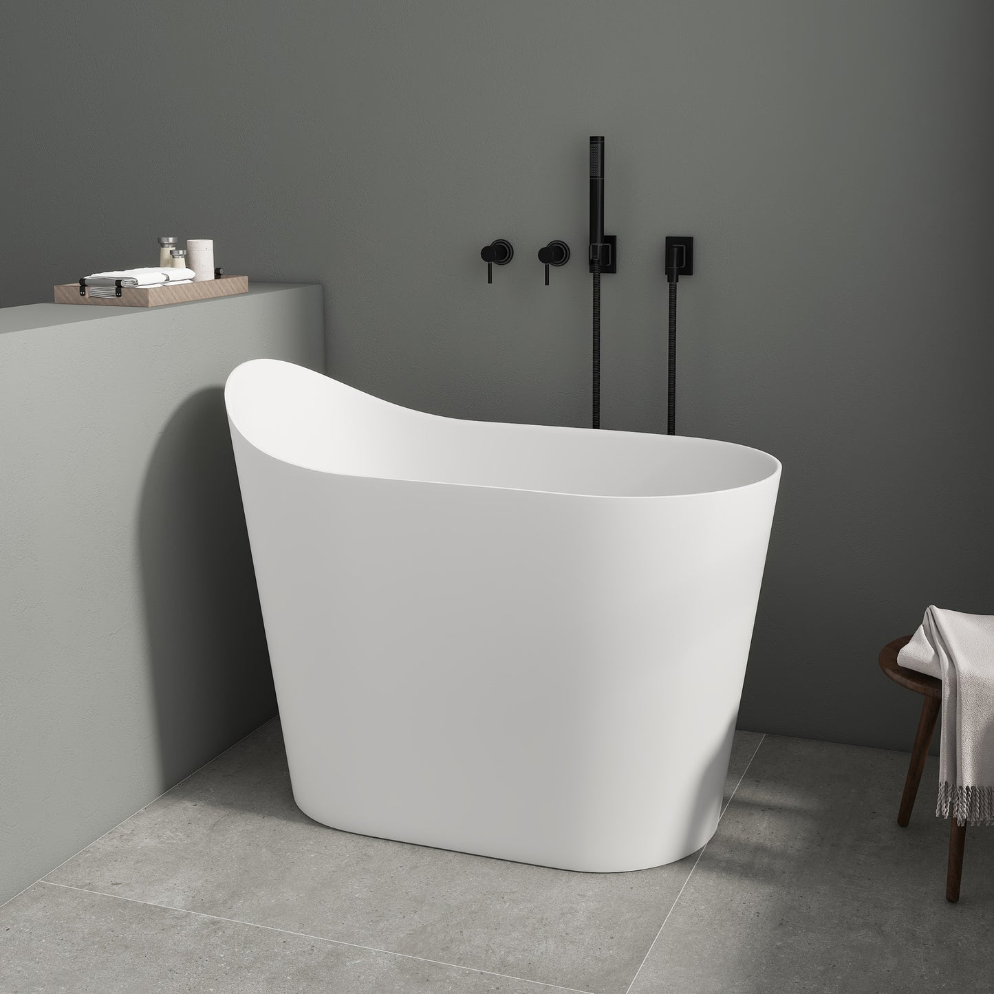 SJ-STARJANE 43''Artificial stone freestanding bathtub with seat (matte white)