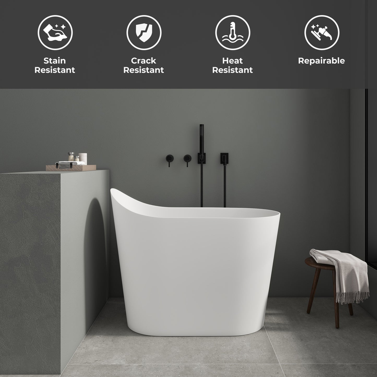 SJ-STARJANE 43''Artificial stone freestanding bathtub with seat (matte white)