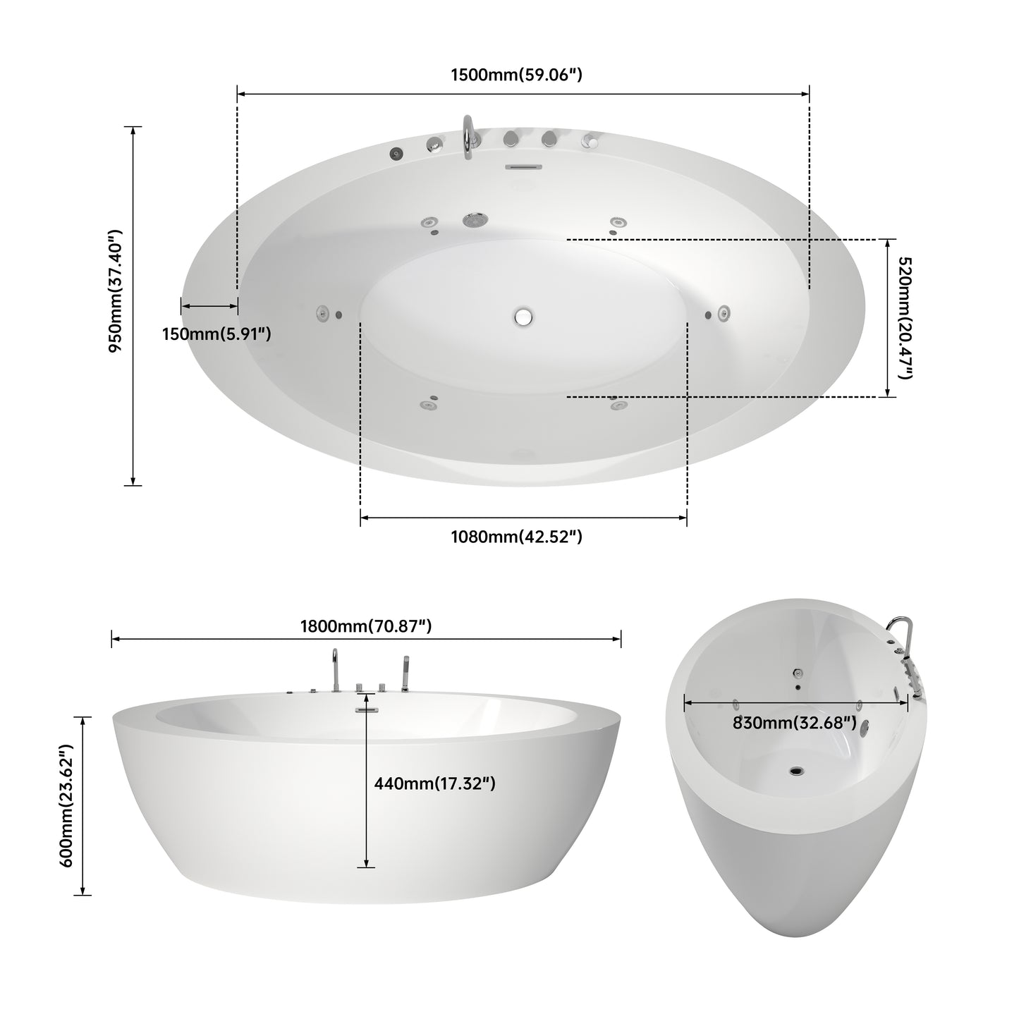 71'' Freestanding Oval Acrylic Whirlpool Bathtub, With Air Switch, 6 Jets, And 4-Hole Faucet AB32-71-AM