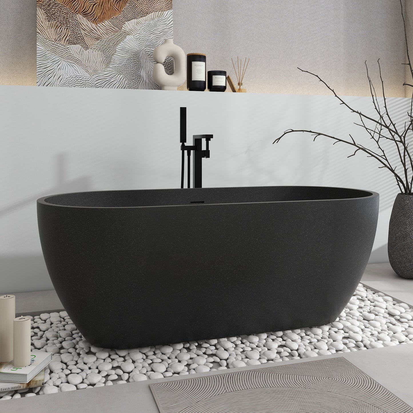 SJ-STARJANE 63'' x 31'' Concrete Freestanding Solid Surface Soaking Stone Bathtub Terrazzo