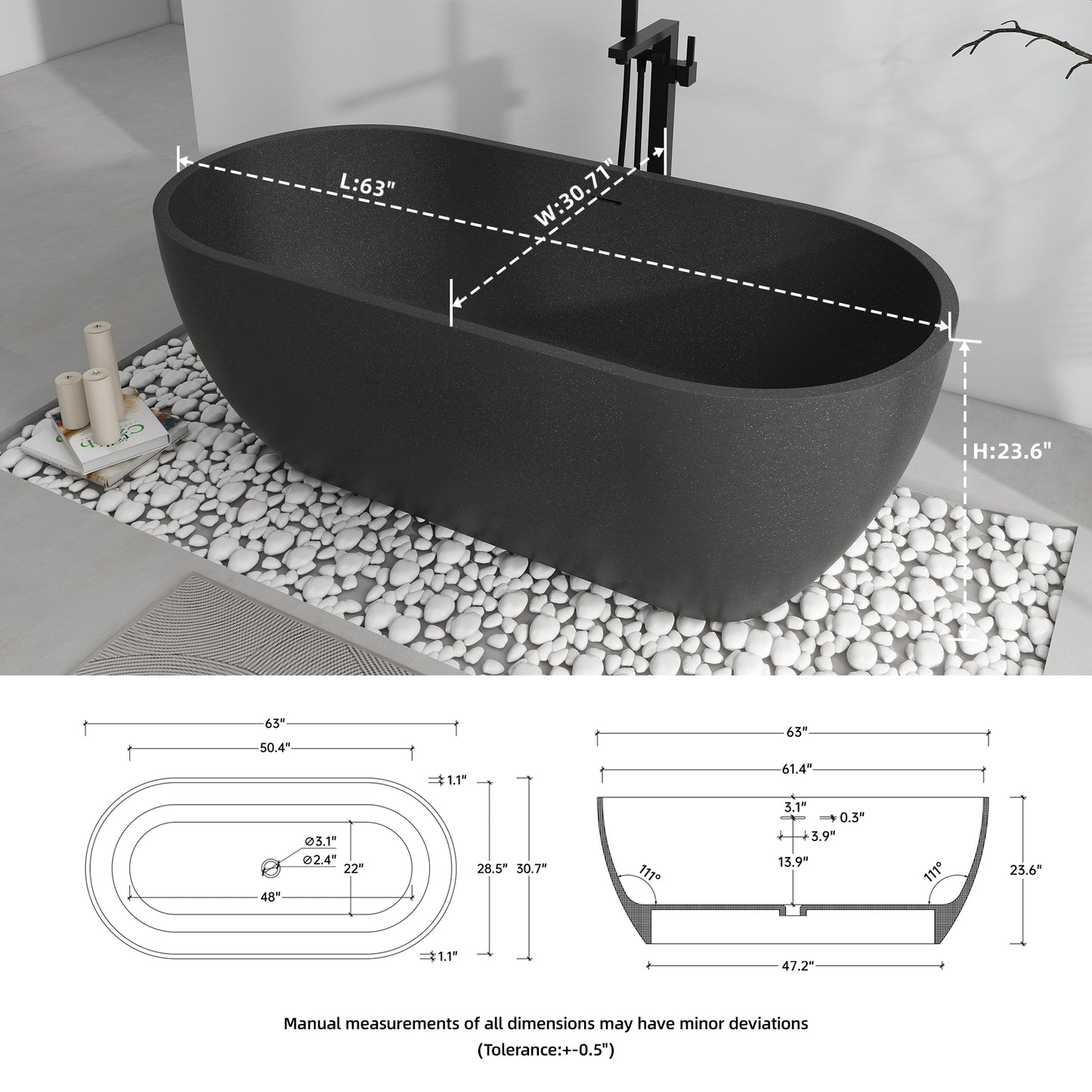 SJ-STARJANE 63'' x 31'' Concrete Freestanding Solid Surface Soaking Stone Bathtub Terrazzo