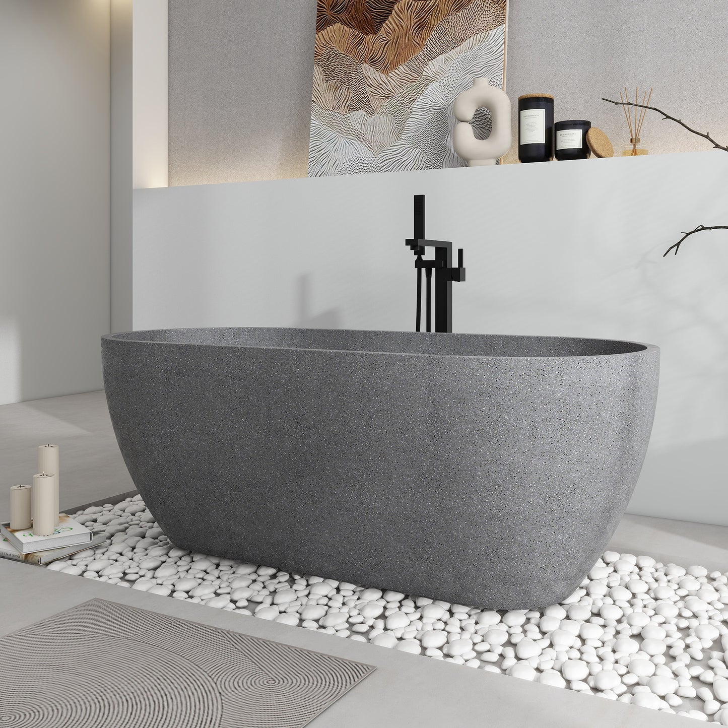 SJ-STARJANE 63'' x 31'' Concrete Freestanding Solid Surface Soaking Stone Bathtub Terrazzo