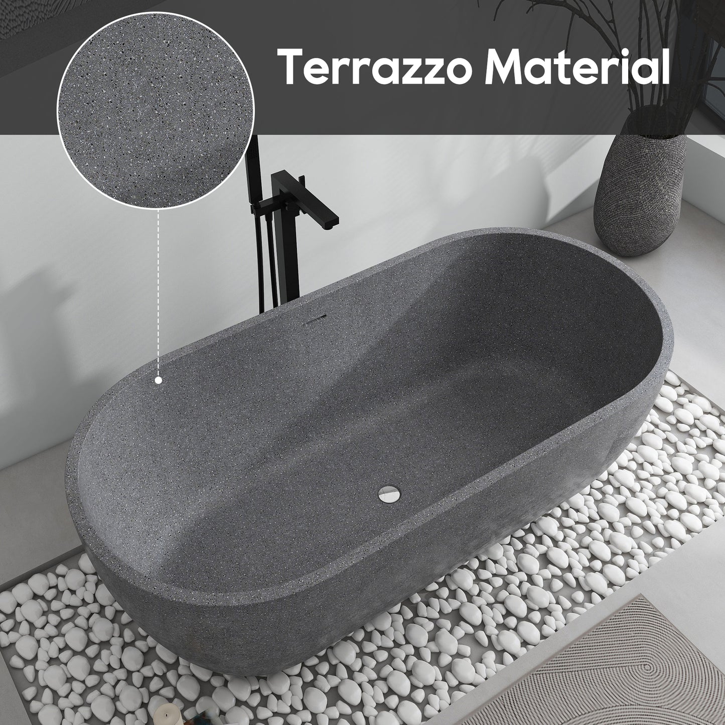 SJ-STARJANE 63'' x 31'' Concrete Freestanding Solid Surface Soaking Stone Bathtub Terrazzo