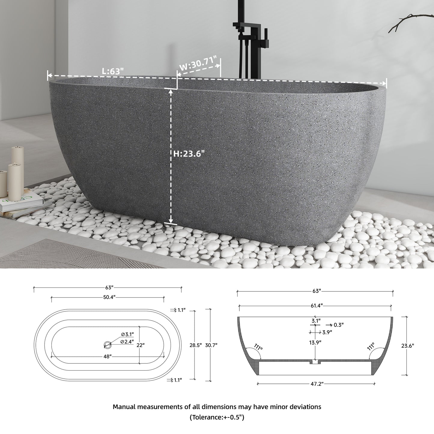 SJ-STARJANE 63'' x 31'' Concrete Freestanding Solid Surface Soaking Stone Bathtub Terrazzo