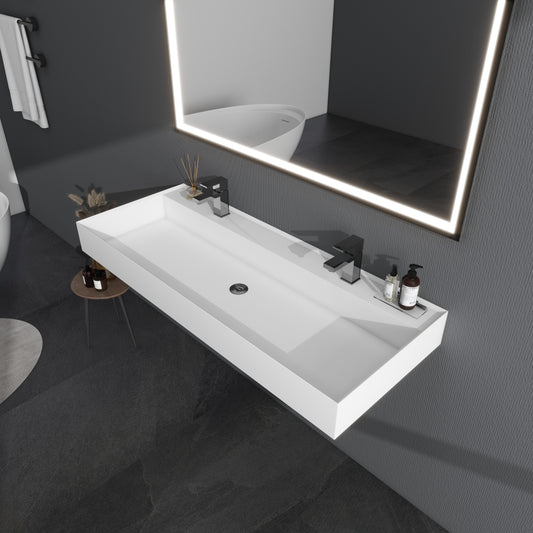 SJ-STARJANE 47''Wall Mount Bathroom Sink Solid Surface Sink with Double Faucet Hole