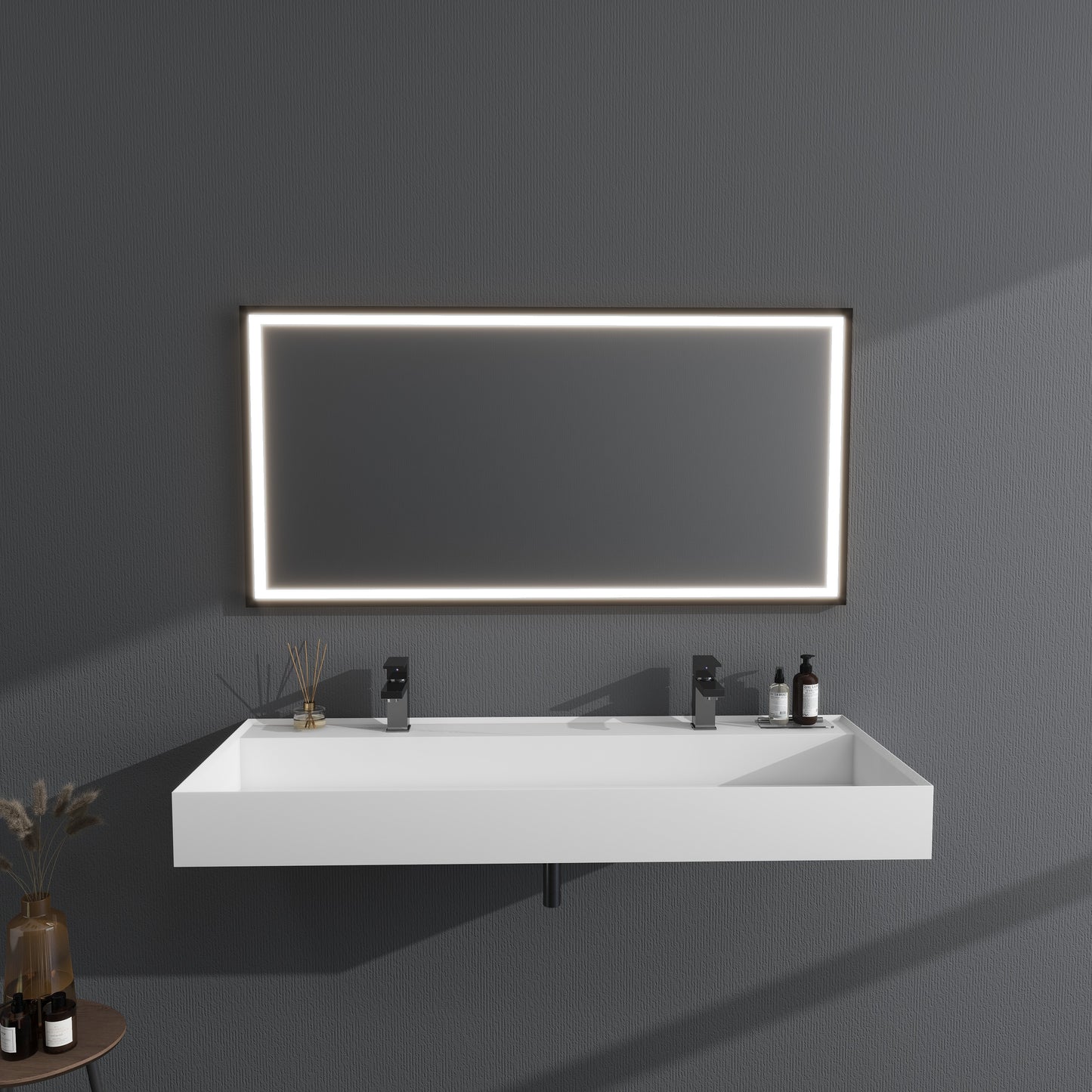 SJ-STARJANE 47''Wall Mount Bathroom Sink Solid Surface Sink with Double Faucet Hole