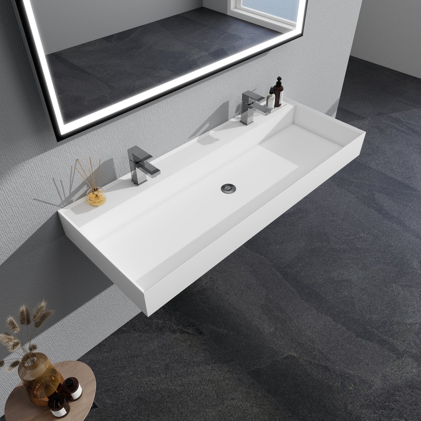 SJ-STARJANE 47''Wall Mount Bathroom Sink Solid Surface Sink with Double Faucet Hole