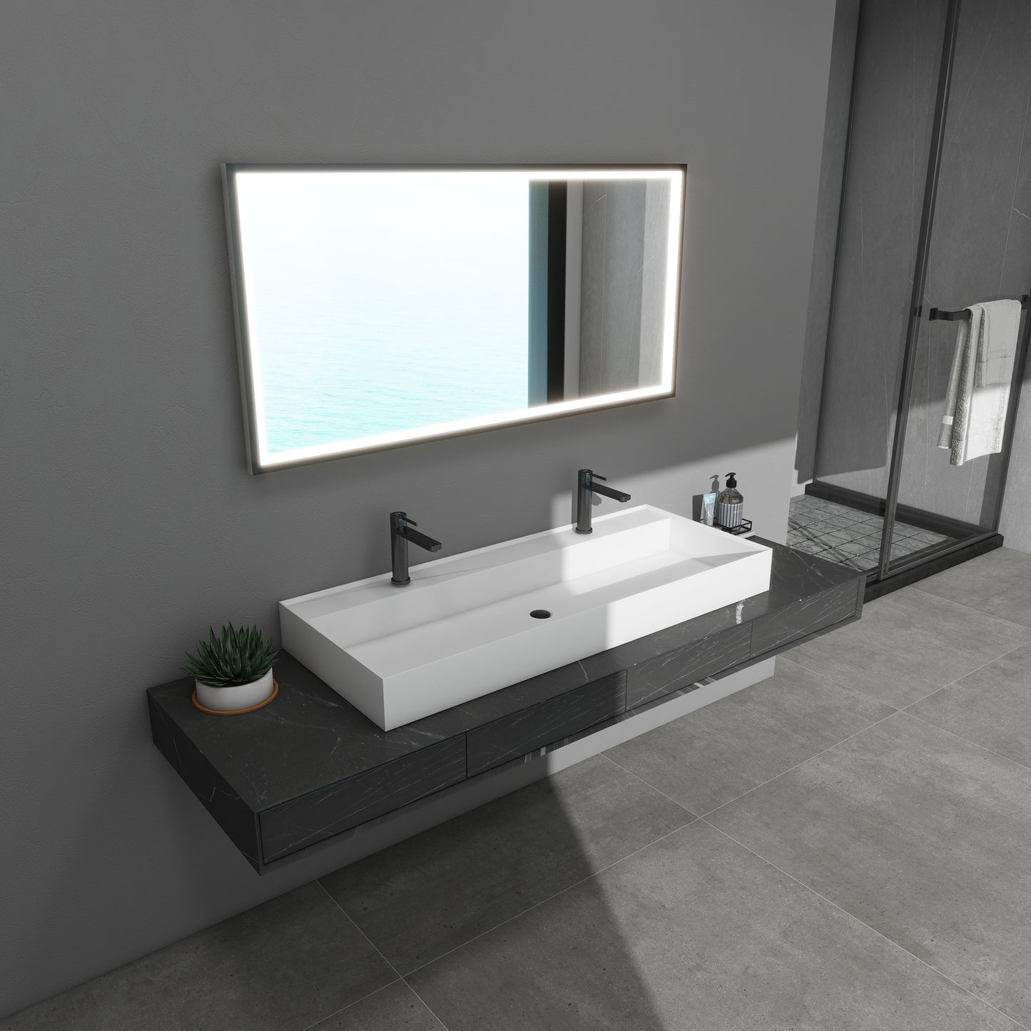 SJ-STARJANE 47''Wall Mount Bathroom Sink Solid Surface Sink with Double Faucet Hole