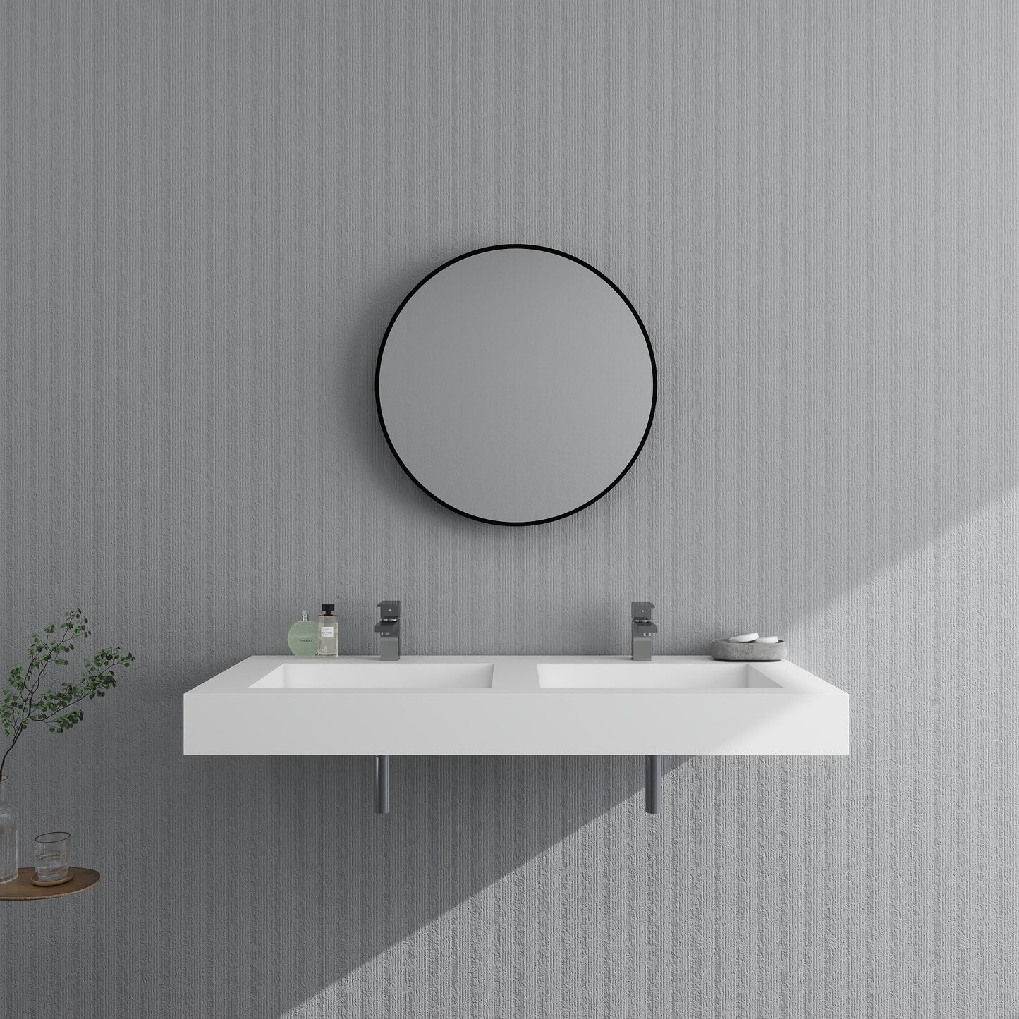 SJ-STARJANE 47 x 19 in. Solid Surface Wall Mount or Countertop Bathroom Double Vessel Sink with Faucet Holes in Matte White