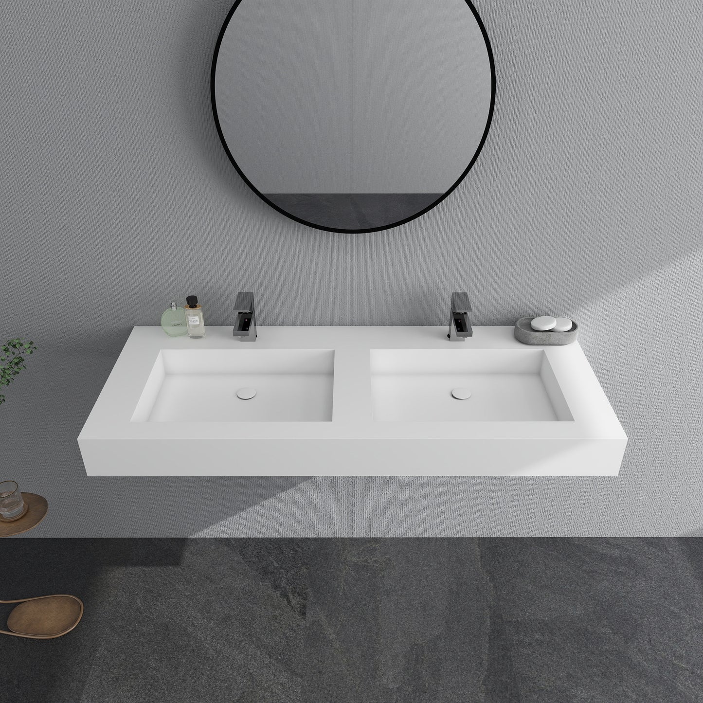 SJ-STARJANE 47 x 19 in. Solid Surface Wall Mount or Countertop Bathroom Double Vessel Sink with Faucet Holes in Matte White