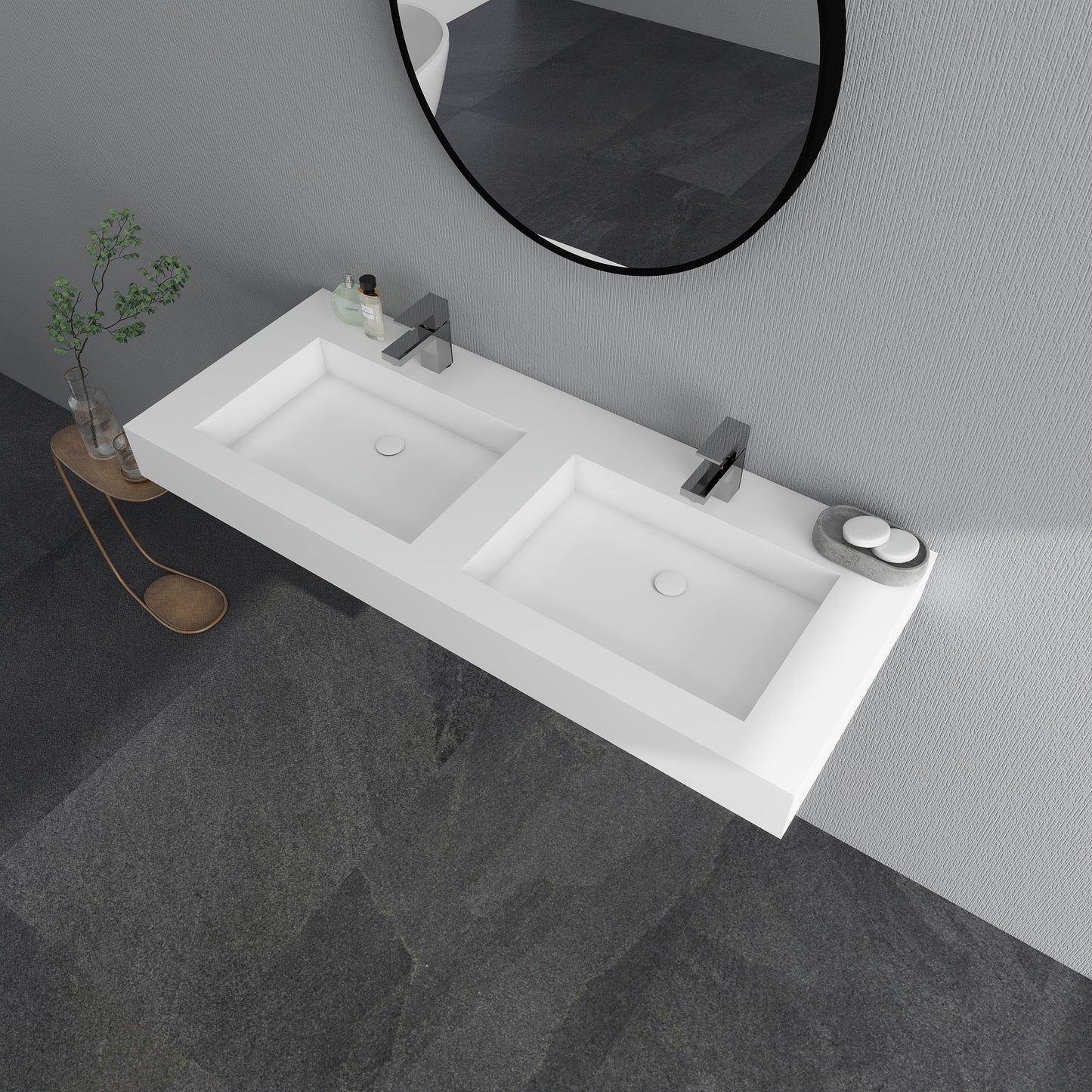 SJ-STARJANE 47 x 19 in. Solid Surface Wall Mount or Countertop Bathroom Double Vessel Sink with Faucet Holes in Matte White