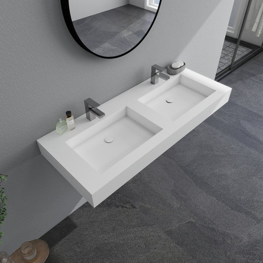 SJ-STARJANE 47 x 19 in. Solid Surface Wall Mount or Countertop Bathroom Double Vessel Sink with Faucet Holes in Matte White