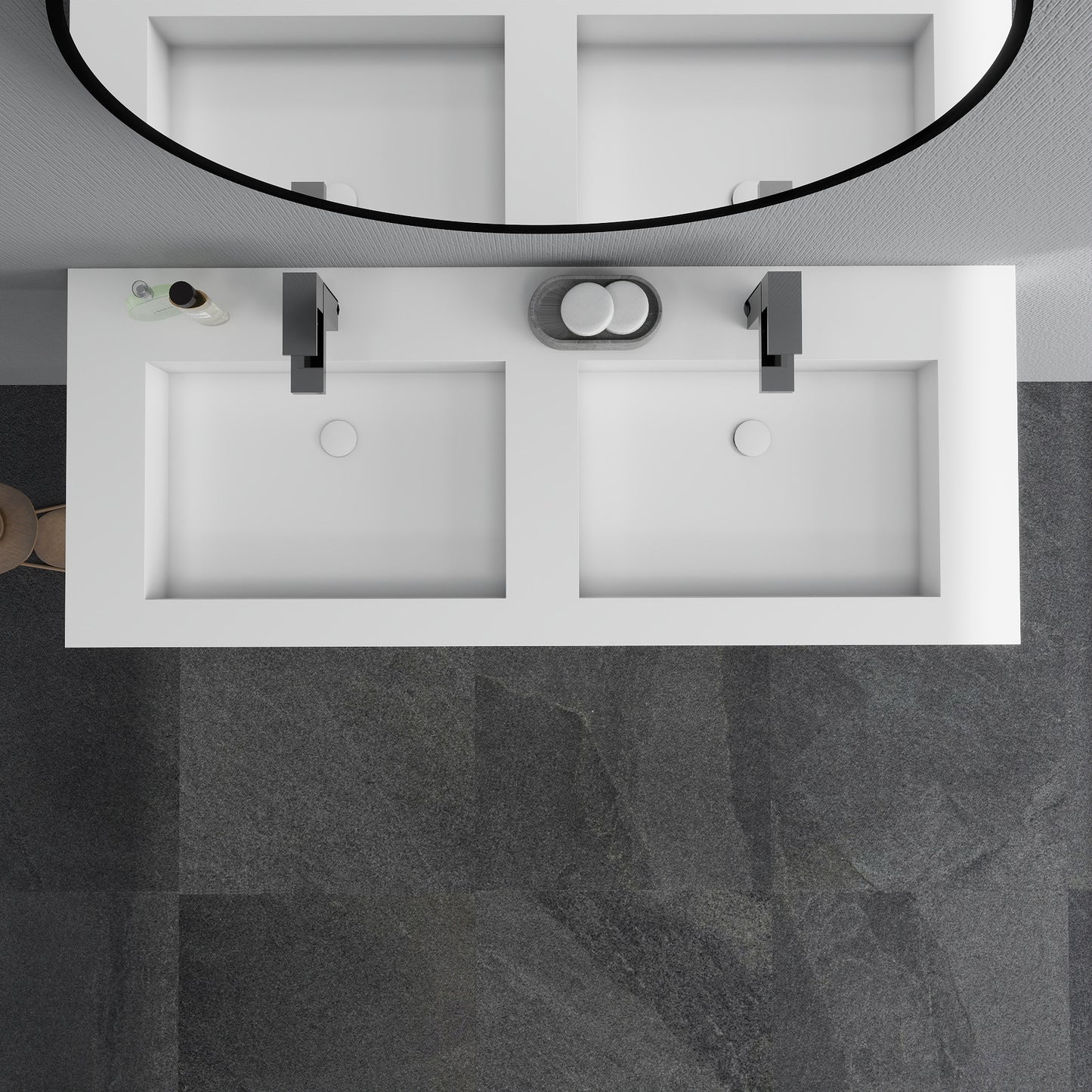 SJ-STARJANE 47 x 19 in. Solid Surface Wall Mount or Countertop Bathroom Double Vessel Sink with Faucet Holes in Matte White