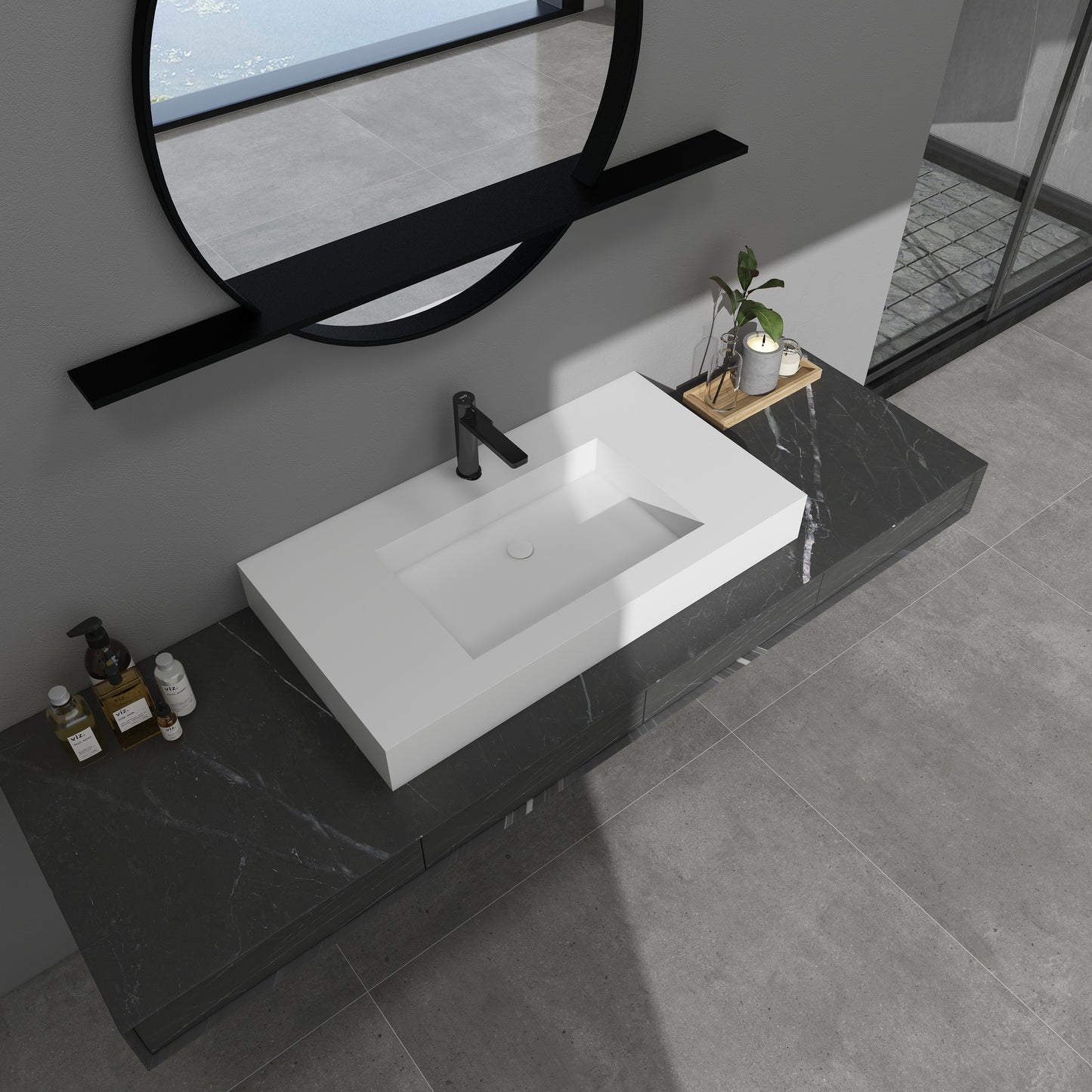 SJ-STARJANE 35''Solid Surface Wall Mount Bathroom Vessel Sink in Matte White