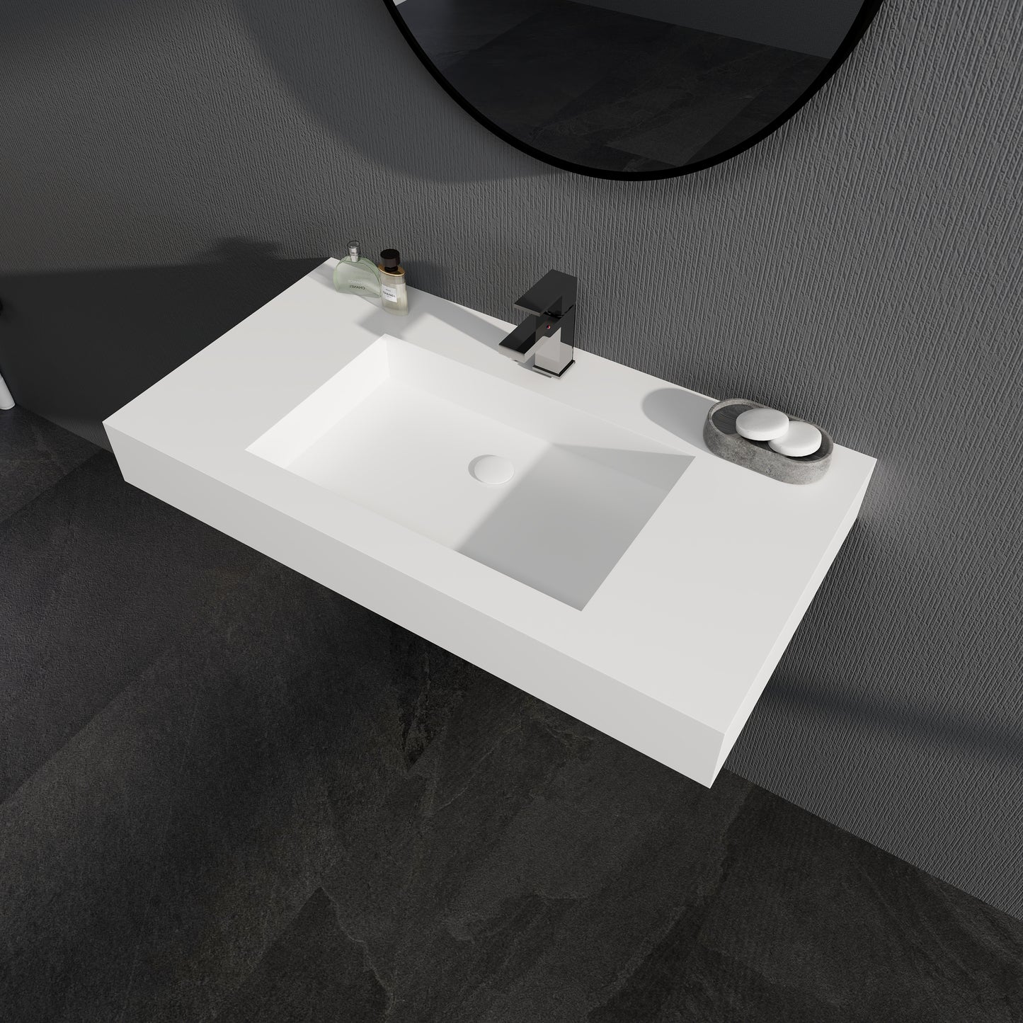 SJ-STARJANE 35''Solid Surface Wall Mount Bathroom Vessel Sink in Matte White