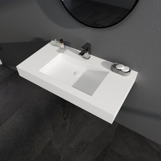 SJ-STARJANE 35''Solid Surface Wall Mount Bathroom Vessel Sink in Matte White