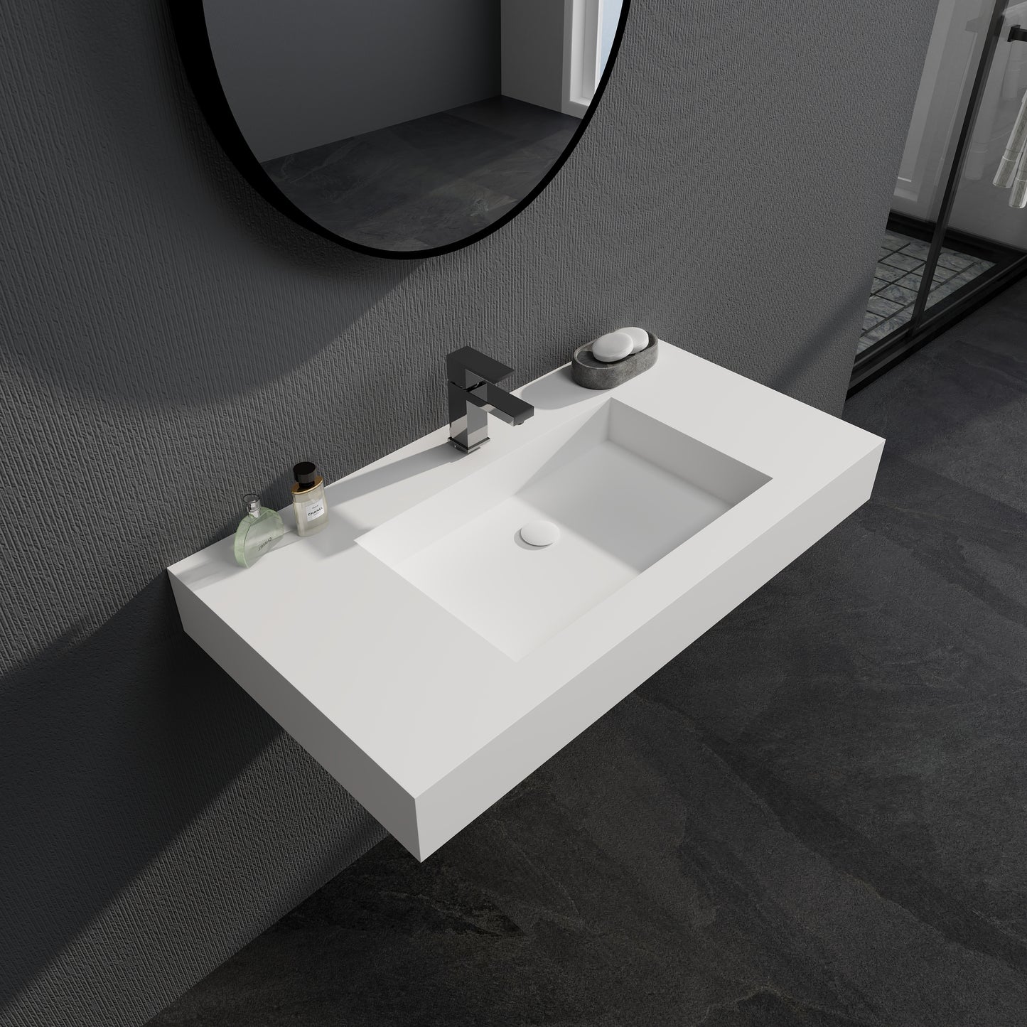 SJ-STARJANE 35''Solid Surface Wall Mount Bathroom Vessel Sink in Matte White