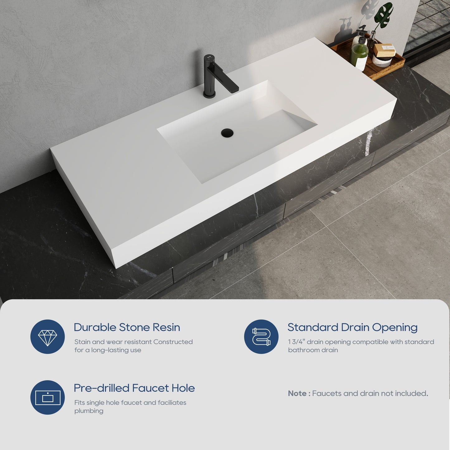 SJ-STARJANE 47''Wall Mount Bathroom Sink Solid Surface Basin with Faucet Hole