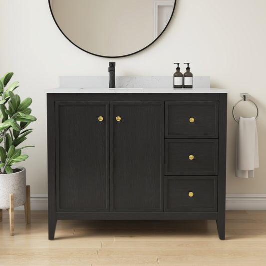 Riverford 48'' Black Wood Grain Rubberwood & Plywood Bathroom Vanity with Ceramic Sink and Engineered Marble Top