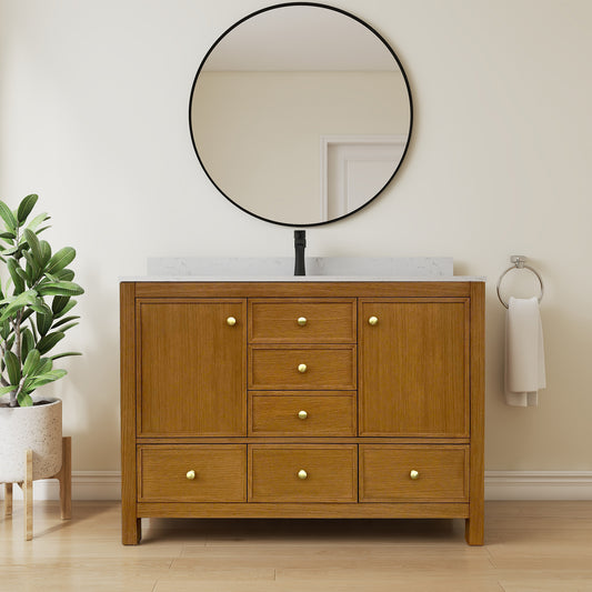 Oakmere 48'' Dark Wood Grain Rubberwood & Plywood Bathroom Vanity with Ceramic Sink and Engineered Marble Top