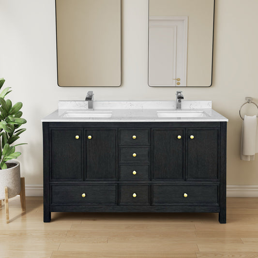 Oakmere Black Rubberwood & Plywood Bathroom Vanity with Double Ceramic Sink and Engineered Marble Top