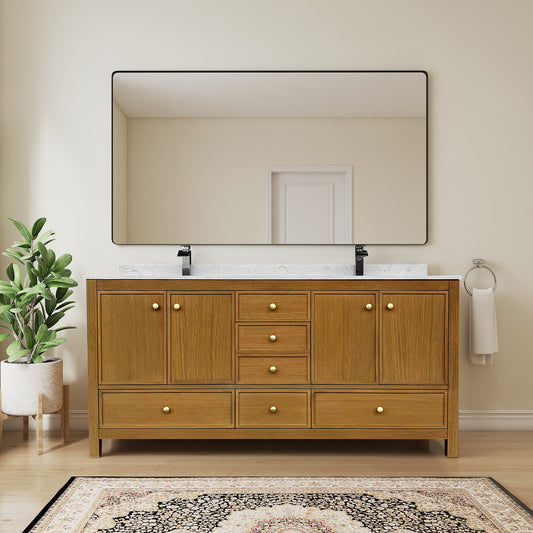 Oakmere Dark Wood Grain Rubberwood & Plywood Bathroom Vanity with Double Ceramic Sink and Engineered Marble Top