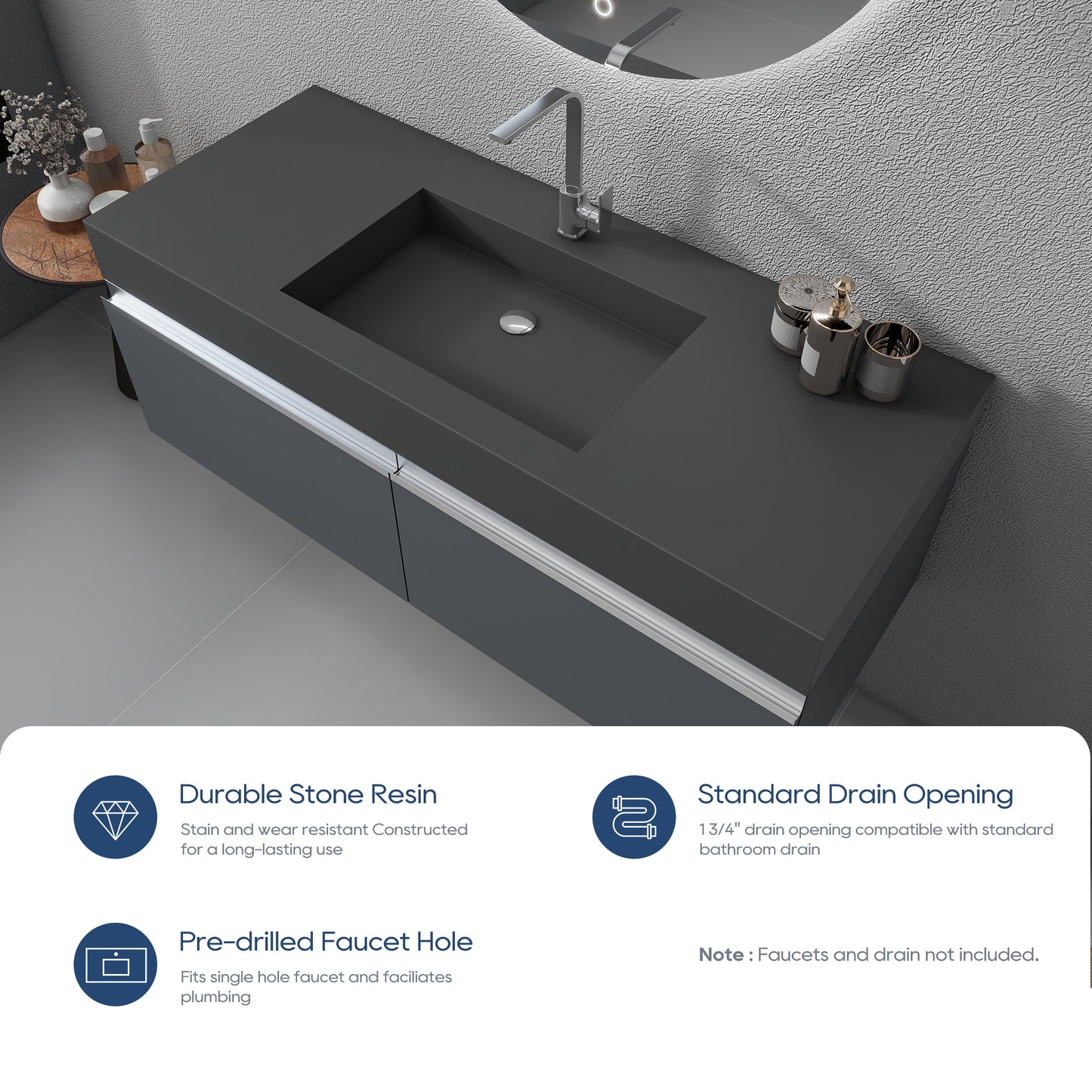 SJ-STARJANE 47''Wall Mount Bathroom Sink Solid Surface Basin with Faucet Hole