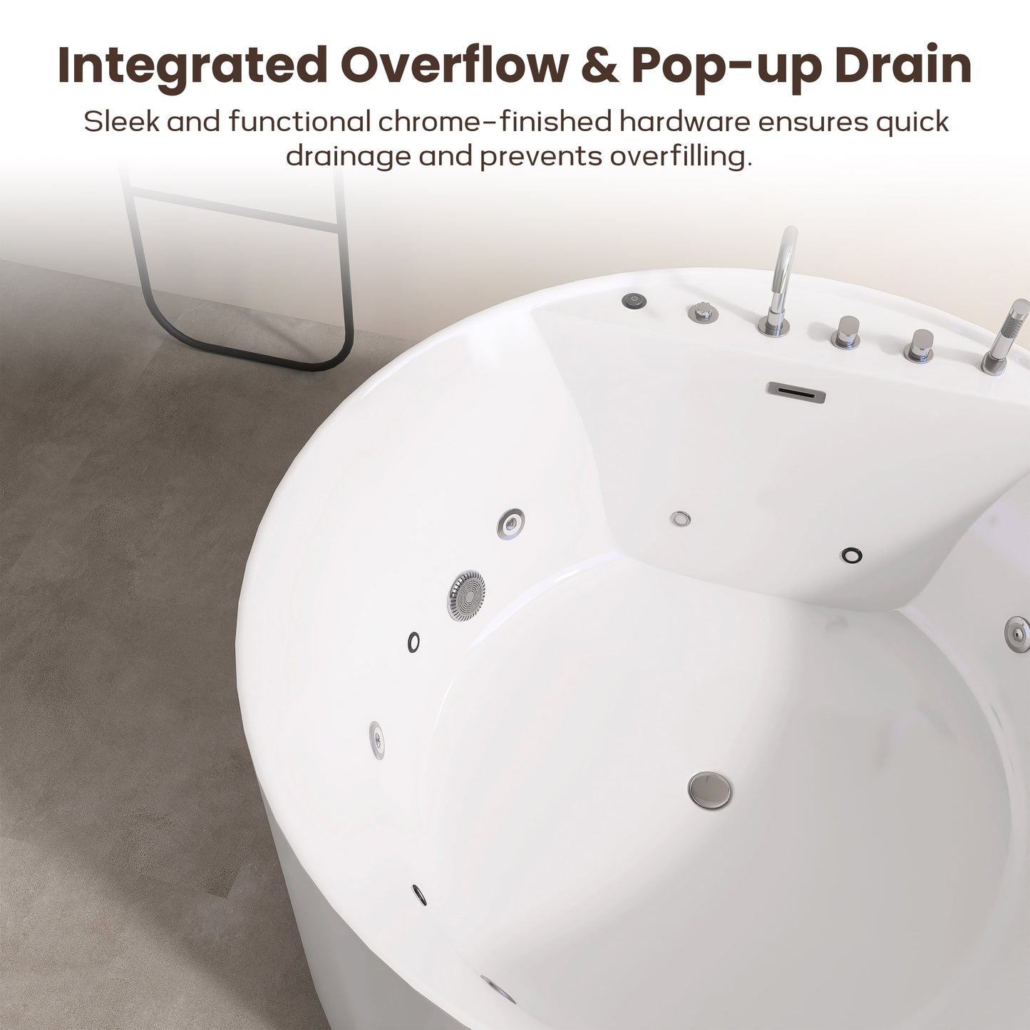 47'' Freestanding Round Acrylic Whirlpool Bathtub, 6 Massage Jets, LED Lighting, And 4-Hole Faucet AB24-47-AM